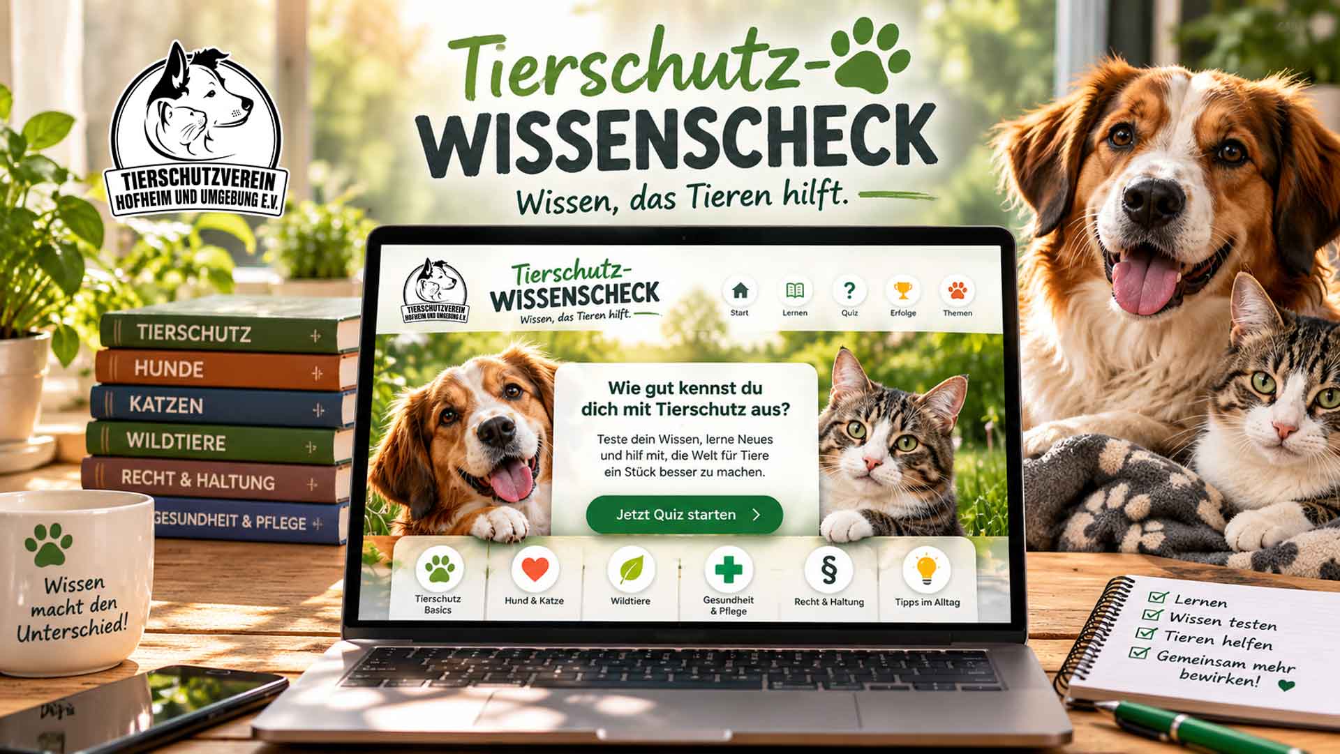 Vorschau auf den Tierschutz-Wissenscheck mit Hund, Katze und Quiz-Oberfläche